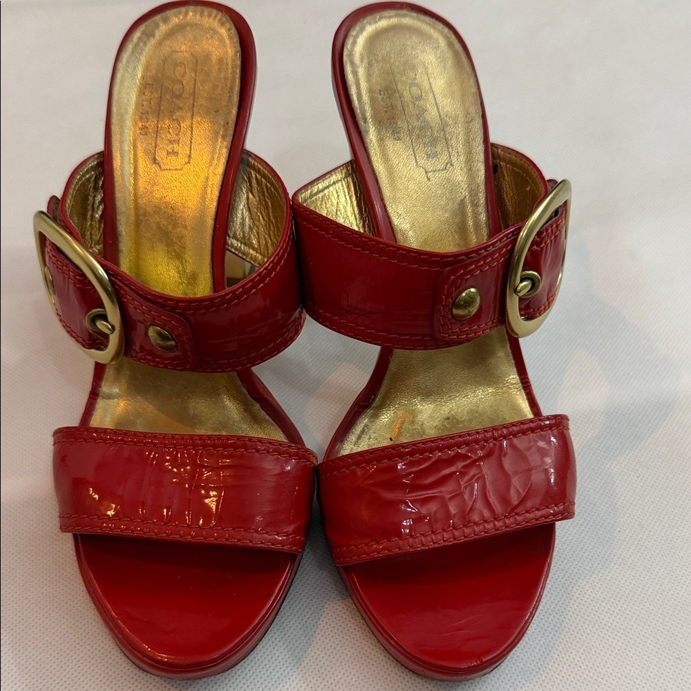 Coach Red Patent Leather Slide Mules with Gold Buckle